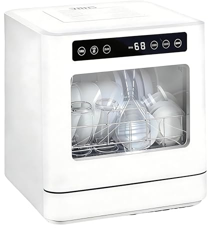 QIUNAOZI Desktop Dishwasher, 4 Cleaning Programs, Wash 8 Bowls, Plates, High-Temp & Air-Dry Function, 75℃/167℉ High-Temp, 360° Dual Spray, Suitable for 2-4 People to Use