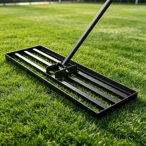 Rastrello di livellamento per prato, manico regolabile da 43 x 25 cm, robusto strumento di livellamento per prato, con manico in acciaio inox da 2,13 m, rastrello per campi da golf per prato, giardino