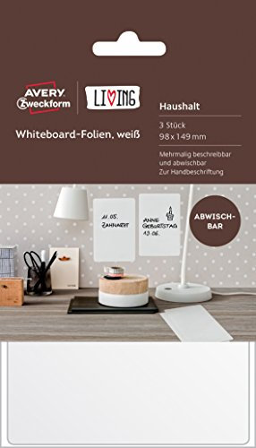 AVERY Zweckform 62013 Living Whiteboard Folien (beschreibar und abwischbar, 98 x 149 mm) 3 Stück weiß