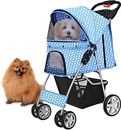 Flexzion Hundebuggy, Hundewagen, Pet Stroller Haustierwagen, Katzenbuggy, Katzenwagen, Faltbar Haustiere Buggy mit Netzfenstern & Getränkehalter für Kleine Haustiere mit 4 Rädern - Himmelblau