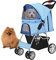 Flexzion Hundebuggy, Hundewagen, Pet Stroller Haustierwagen, Katzenbuggy, Katzenwagen, Faltbar Haustiere Buggy mit Netzfenstern & Getränkehalter für Kleine Haustiere mit 4 Rädern - Himmelblau