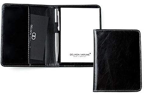 DELMON VARONE - Personalisierbares Notizblock Etui DIN A7 aus Vintage Leder Anilin schwarz, Taschen Reporterblock im Lederetui mit Mini Kugelschreiber, Stiftschlaufe, Einschubfach und Notizblöcke
