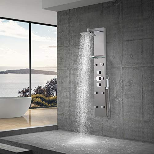 Elbe® Duschpaneel Edelstahl mit Thermostat, 8 Massagendüsen, Regendusche, Handbrause, Glasablage, Duschsystem 155 x 21 x7,5 cm Full-Size-Design, Wellness Luxus und Duschvergnügen im eigenen Bad