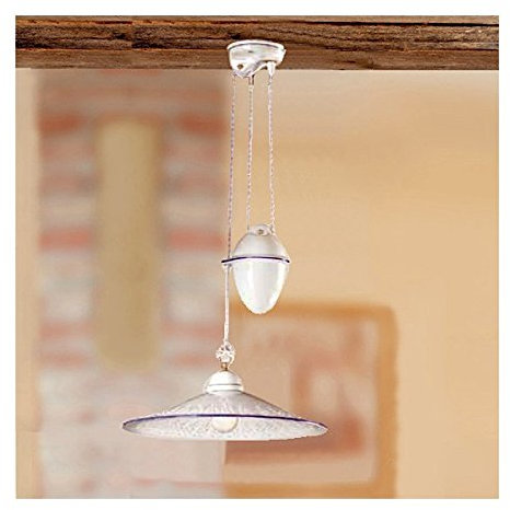 Lampadario saliscendi in ceramica con contrappeso e piatto liscio con decoro traforato - Ø 43 cm - Marrone