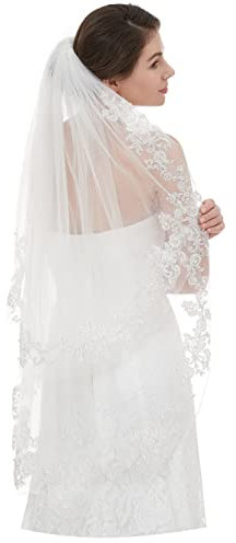 EllieHouse Damen kurz 2 Tier Spitze Hochzeit Brautschleier mit kamm 2 t (1st Tier 70cm / 27inch, 2. Stufe 90 cm / 35 Zoll) Ivory 2 & mit perlen