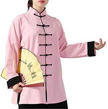FUYUFU Coton et Lin Tenue de Tai Chi à Manches Longues Unisexe Vêtements D’Arts Martiaux Kung-fu Costume Ridé (Un Ensemble) (Veste Rose/Pantalon Noir, XXL)