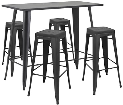 Oviala Hoher Gartentisch und 4 Hocker aus Metall, mattschwarz, Gartenmöbel