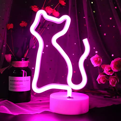 ENUOLI Neon Cat Light Pink Signs with Base - Battery and USB Operated Neon Lights for Children's Bedroom, Bar, Party, Wedding, Christmas