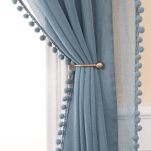 MIULEE Gardinen mit Pompons-Verspielte Blau Pompon Vorhänge für Kinderzimmer Junge, Transparent Gardinen mit Bommeln, Schlafzimmer Wohnzimmer Vorhang, 2 Stücke Gardinenschal, 2X H 145 X B 140cm