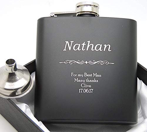 LASER Engraved Stainless Steel 6oz Hip Flask, Coated Black - Engraved Silver, with hint of Gold Text - Funnel - Free Engraving (Black)