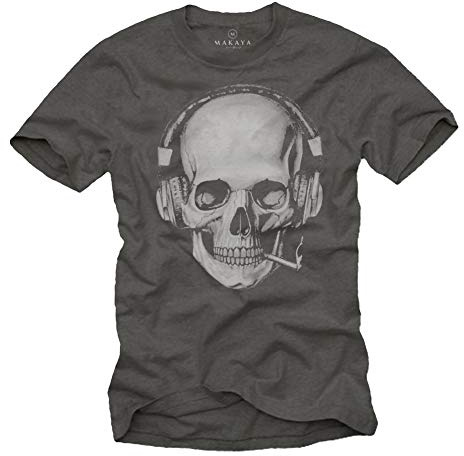 Totenkopf T-Shirt mit Kopfhörer - Skull Rock Band Musik Shirt für Herren Grau XL