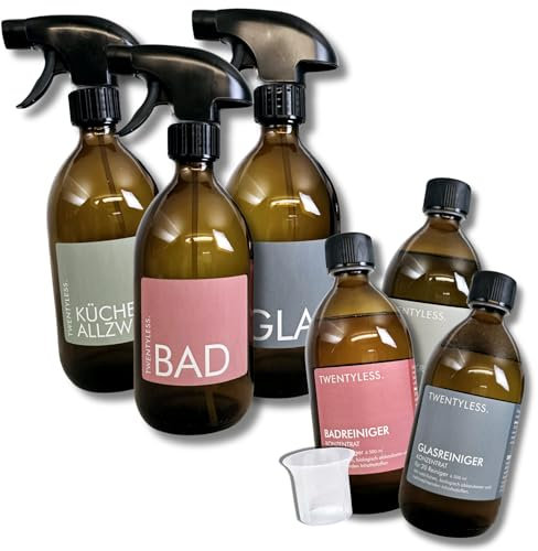 Nachhaltiges Reinigungsmittel Konzentrat in Glasflaschen für bis zu 60 Reiniger, Glasreiniger, Badreiniger, Allzweckreiniger, 3x500ml + Sprühflaschen