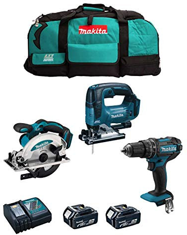 Kit MAKITA MK302 (Schlagbohrschrauber DHP482 + Handkreissäge DSS610 + Pendelhubstichsäge DJV182 + 2 Batterien 5,0 Ah + Ladegerät + LXT600)