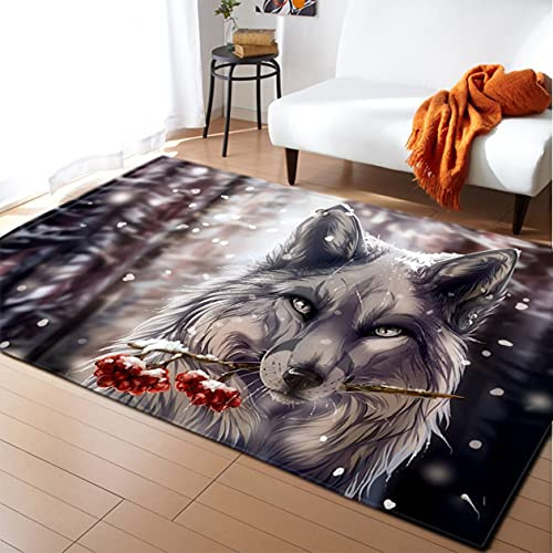 Traumfänger Wolf Teppiche Galaxy Rose Snowfield Wolf Druck Großflächen Teppich für Wohnzimmer Schlafzimmer Moderne Heimmatte Flanell Kinderzimmer Spielbodenmatte Rutschfester (Grau,60x180 cm)