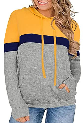 TIYOMI Kapuzenpullover für Damen, Übergröße, Farbblock-Top, Kordelzug, Tunika, Blusen, Pullover, T-Shirts, A50, Gelbgrau, XXL