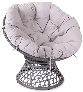 Signature Homes and Gardens SH&G Rattan Swivel Chair | 360 Papasan Moon Chair | Grey Rattan with Grey Cushion | Indoor & Outdoor