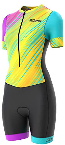 Radsport-Skinsuit für Damen, gepolstert, einteilig, Trisuit, Bike-Top, kurz, sublimiertes Design, Trägerhose, schwarz / gelb, M