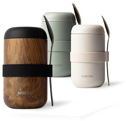 MAMEIDO Thermobehälter für Essen 500ml, Müslibecher to go Edelstahl, Thermobecher Essen auslaufsicher, Ideal für Joghurt, Porridge, Babybrei, Suppen & Eis (Oak Wood, 0,5l)