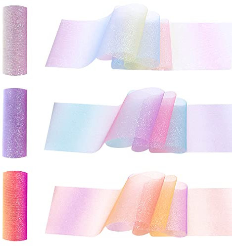 Belvanr Regenbogen Glitzer Tüll Rolle 3 Rollen Regenbogen Tüll,Tüllrolle mit Farbverlauf,Regenbogen Glitter Rolle,Tüll Rolle Tüllnetz Dekostoff Tüllband für Hochzeit Party Deko (15CM x 9M)