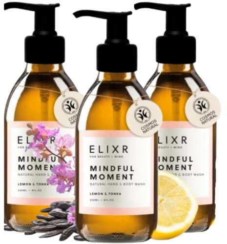 ELIXR Mindful Moment I Flüssige Naturseife in der Glasflasche I Tonkabohne & Zitrone I Pumpspender I 3x 230 ml