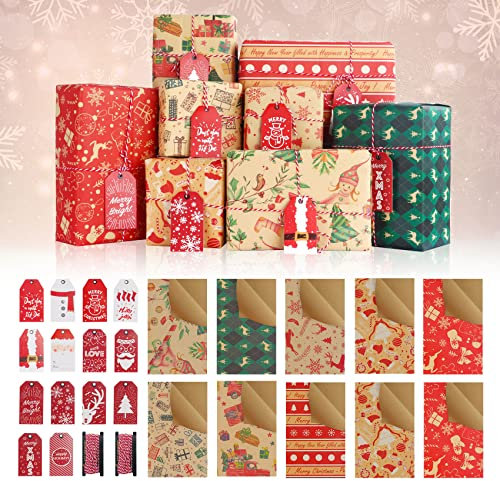 Geschenkpapier Weihnachten Kinder 10 Blatt, Weihnachtspapier Geschenkpapier Recyceltes Weihnachts Geschenkpapier Set Kraftpapier Weihnachten 70 x 50cm mit 14 Stück Geschenkanhänger, 2 Rollen Bindfäden
