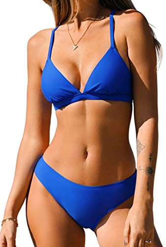 CUPSHE Damen Bikini Set Triangel V Ausschnitt Low Waist Lace Up Bademode Zweiteiliger Badeanzug Swimsuit Kobaltblau L