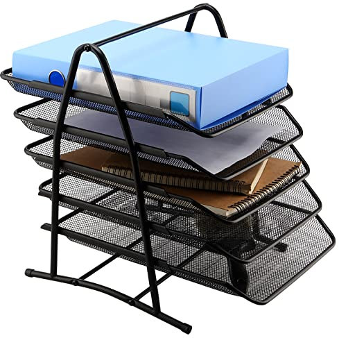 HAKZEON 5 Tier Office File Tray, A4 Desk Tidy Organiser File Holder, Black Mesh in Tray Desk Organiser, Sliding Document Storage Letter Trays 38x30x28cm
