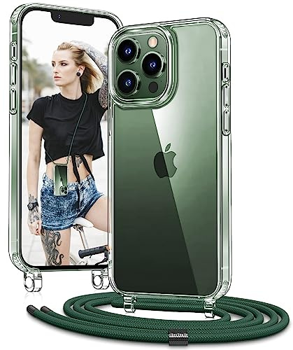 Vaykwo Transparente Funda con Cuerda para iPhone 13 Pro MAX 6,7, Verde | Funda con Cordón Ajustable y desmontable, Transparente Funda con Correa para el Cuello,