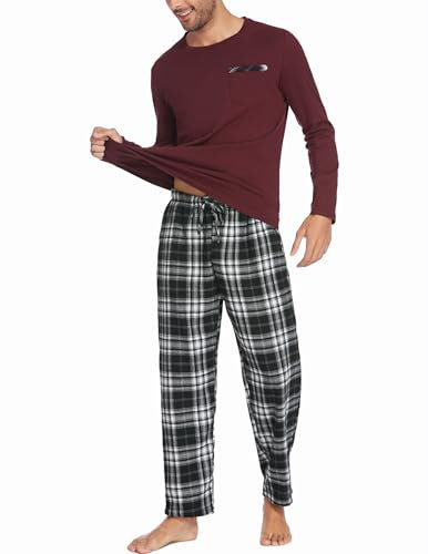 Ekouaer Pigiama Uomo Invernale in Cotone Lungo a Maniche Pigiami Due Pezzi da Uomo Pigiama Manica Lunga Pigiama con Tasche Natale Pigiama Uomo,Rosa,XXL