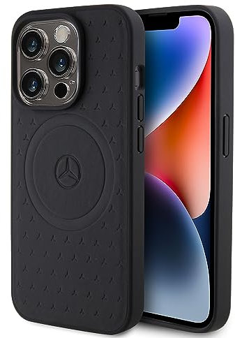 CG MOBILE Mercedes-Benz Handyhülle Kompatibel mit Magsafe iPhone 15 Pro in Schwarz mit Sternenmuster, Echt Leder Schutzhülle & Durable Case mit Easy Snap-on, Stoßdämpfung & Signature Logo