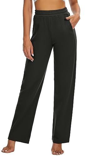 HAPYWER Jogginghose Damen Baumwolle mit Taschen Yogahose Lang Sporthose Tall Freizeithose High Waist Sweathose Weites Bein Bequem Schlafanzughosen(Tiefgrau,XL)