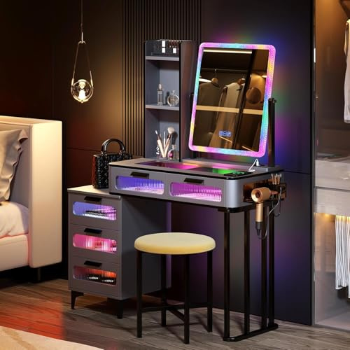 FREDEES Dressing Table with Mirror and RGB Lights, Grey | Glam Glass Top & USB Charging Station, 5 Large Drawers & Stool, Hidden & Open Storage Shelves, Rotatable Mirror