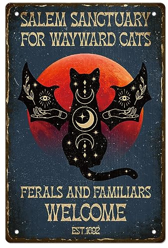 GLOBLELAND Salem Divination Vintage Zinn Zeichen Katzenliebhaber Zeichen Salem Sanctuary Poster Ferals und Famitars Willkommen Poster Home Hof Wand Dekor, Eisen 8x12 In