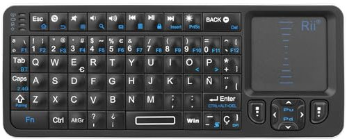 Rii K06 Mini Teclado Inalámbrico Retroiluminado, 2 Modos de Conectividad, con Aprendizaje IR, Portátil Ligero con Touchpad Compatible con Android TV Box, Mac, Windows (Versión Bluetooth y 2.4G)