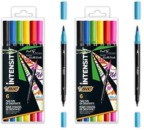 BIC Intensity Filzstifte Set, Dual Tip Brush Pen zum Malen in 6 verschiedenen Farben, mit dicker und dünner Spitze (Packung mit 2)