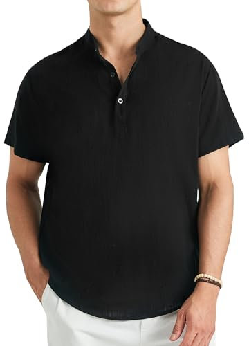 Enlision Mens Black Linen Shirt Cotton Collarless Short Sleeve Henley Shirts Button Down Summer Casual Lightweight Solid Color Grandad Shirt Tops 4XL