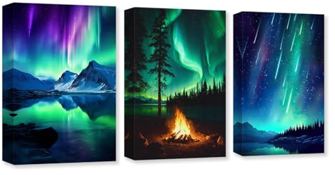 CXHOSTENT 3 Panels Aurora Borealis Leinwand-Wandkunst Nordlichter Wanddekoration Schnee Berg See Wald Großer Wohnzimmer-Dekorrahmen (Aurora Borealis - 1, 40x60cmx3Pcs)