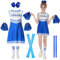 JONRRYIN Cheerleader Kostüm Kinder, Cheerleadering Outfit Mädchen, Cheerleading Uniform Kleid mit Pompoms, Socken und Kopfschmuck, Schulkind Cheer Kostüm Outfit für Karneval Halloween (Blau, 150cm)
