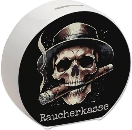 Raucherkasse mit Totenkopf Spardose Totenkopf Schädel Spardose Zigarre Rauchen Motiv Skelett Knochen Design Raucher-Gadget