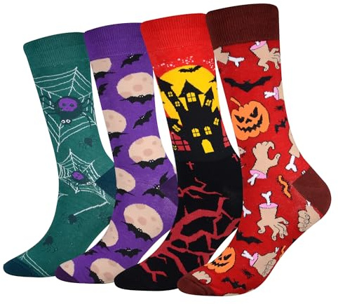 Cansok EUR 42-46 Lot de 4 paires de chaussettes fantaisie pour Homme Motif Halloween Araignée Château Citrouille Chauve-souris