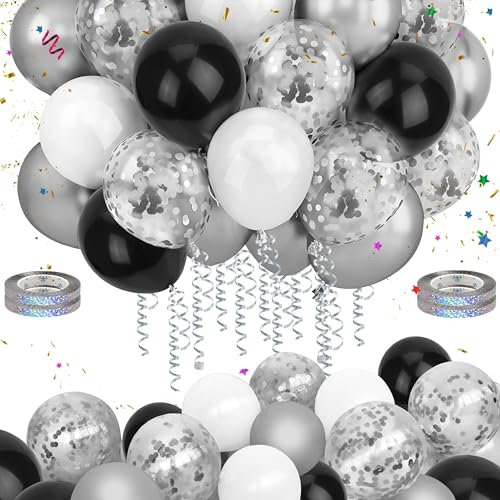 Mbsomnus 60 Stück Luftballons Geburtstag Silber Luftballons Hochzeit 30cm Metallic Silber Ballons Konfetti mit Luftschlangen Schwarz Weiße Helium Latex Ballons für Graduierung Kinder Party Deko