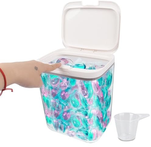 Gzsekken Laundry Pods Storage Container,Washing Powder Pods Storage with Lid One-Click Pop-Up Design Large Laundry Storage Container Clear Plastic Dishwasher Pod Holder Bath Laundry Organization,5.5L