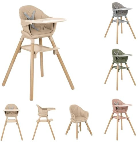 Kikkaboo Kinderhochstuhl Woody 3 in 1 Holzbeine Kinderstuhl Fußstütze Tablett, Farben:beige