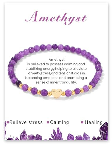 LOCCY Echtes Naturstein Armband, 4mm Perlenarmband mit Herz Anhänger Natursteinarmband Yoga Armband für Herren Damen für Geburtstag Valentinstag Weihnachten Geschenke (Amethyst)