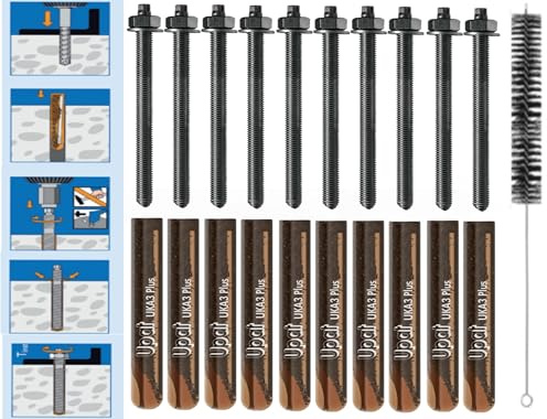 Schwerlastbefestigung SET M8x190mm EDELSTAHL - 10x Glaspatronen M8 + 10 Ankerstangen M8x190mm A4 + Zylinderbürste/Klebeanker Ankerstangen