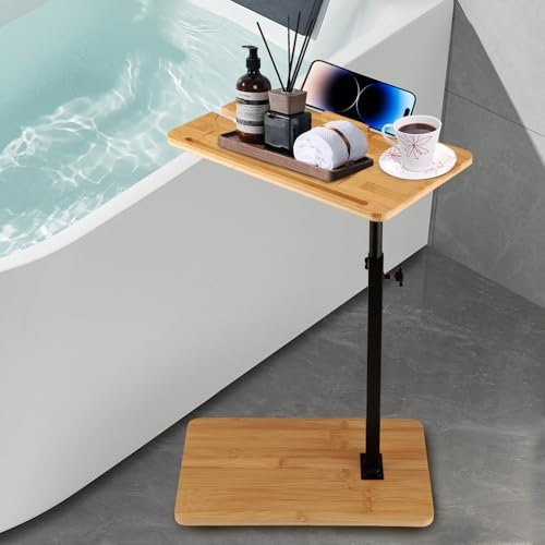 QCXWCJWD C Shaped Side Table, Adjustable C Shaped Side End Table Living Sofa table with 360° Swivel Tray, Slide Under the Sofa TV Couch Tabletop for Bedroom Bathtub Living Room
