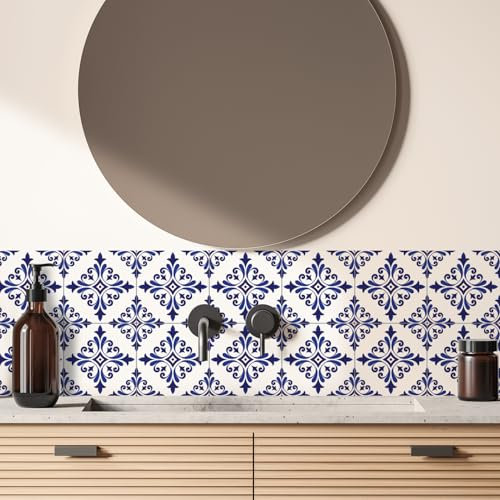 Alwayspon Tile Sticker, Blue China Flower Self Adhesive Stick on Floor Tiles Transfer for Bathroom Kitchen, Splashback, Peel and Stick Vinyl Flooring Tiles Sticker, 12PcsX15cm/6inch