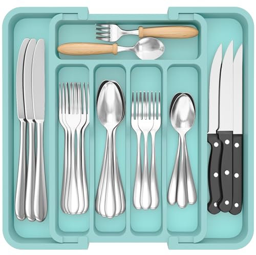 Lifewit Silverware Drawer Organizer, Expandable BPA Free Utensil Tray for Kitchen, Adjustable Flatware and Cutlery Holder for Spoons Forks Knives, Plastic Kitchen Organizers and Storage, Turquoise