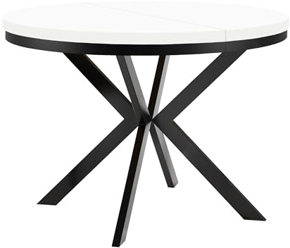 Dekori Möbel Runder Ausziehbarer Tisch für Esszimmer ENDO mit Ring-Gestell und Metallbeinen, Durchmesser Varianten von : 90 bis 220 cm (Weiß/Schwarz, 100/150 cm)