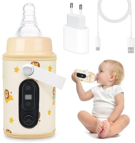 Idota Flaschenwärmer Baby Unterwegs, Tragbarer Fläschchenwärmer USB-Ladung Babyflaschenwärmer 6 Einstellbare Temperatur 38-55℃, Flaschenwärmer Baby Babykostwärmer mit Temperatur Display (Löwe)
